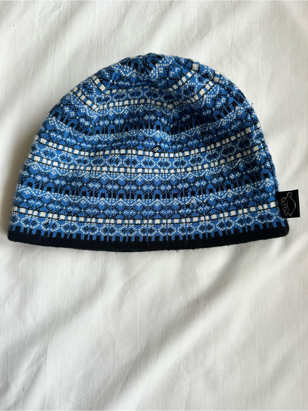 TurtleFur Merino Wool With Fleece Blue Patterned Knit Beanie Winter Snow Outdoor